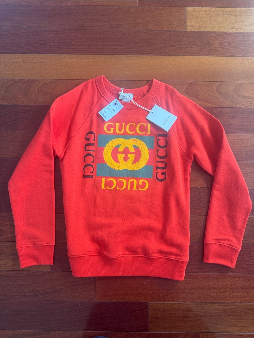 Gucci Orange Crewneck Sweatshirt with Yellow & Green Logo